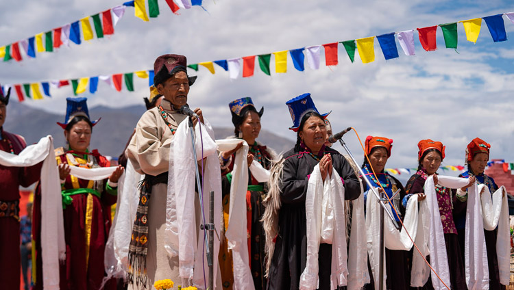 Ladakhi artists performing songs before lunch organized by LAHDC at Sindhu Ghat in Leh, Ladakh, J&K, India on July 29, 2018. Photo by Tenzin Choejor