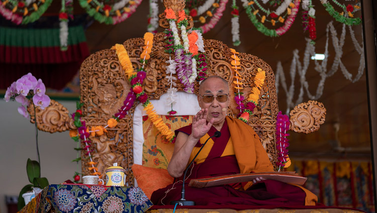 His Holiness the Dalai Lama addressing the crowd of more than 20,000 on the first day of his two day teaching in Leh, Ladakh, J&K, India on July 30, 2018. Photo by Tenzin Choejor