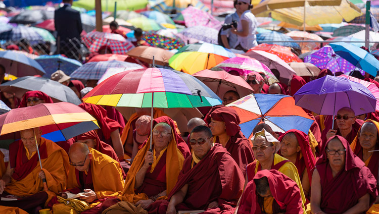 Members of the monastic community listening to His Holiness the Dalai Lama's teaching at Shewatsel Teaching Ground in Leh, Ladakh, J&K, India on July 30, 2018. Photo by Tenzin Choejor