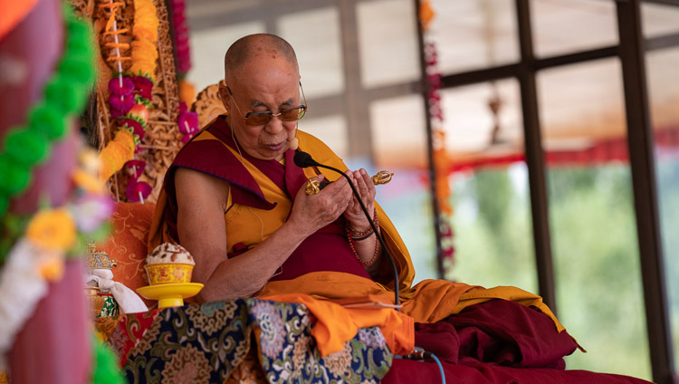 His Holiness the Dalai Lama performing preparatory rituals for a White Tara Longevity Empowerment on the final day of his teachings in Leh, Ladakh, J&K, India on July 31, 2018. Photo by Tenzin Choejor