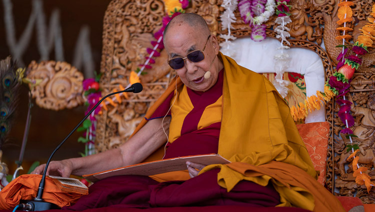 His Holiness the Dalai Lama reading from ‘Guide to the Bodhisattva’s Way of Life’ during the final day of his teachings in Leh, Ladakh, J&K, India on July 31, 2018. Photo by Tenzin Choejor