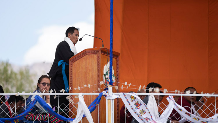 Sonamling Tibetan Settlement, Chief Representative Tseten Wangchuk speaking at Tibetan Children’s Village School Choglamsar in Leh, Ladakh, J&K, India on August 1, 2018. Photo by Tenzin Choejor