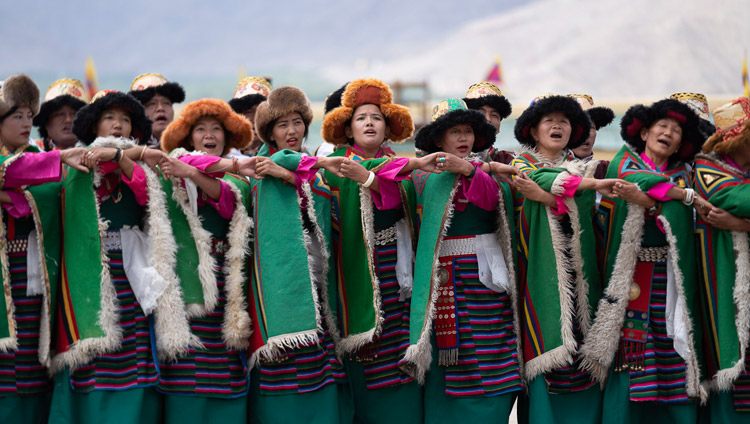 Members of the Sonamling Settlement performing a traditional dance at Tibetan Children’s Village School Choglamsar in Leh, Ladakh, J&K, India on August 1, 2018. Photo by Tenzin Choejor