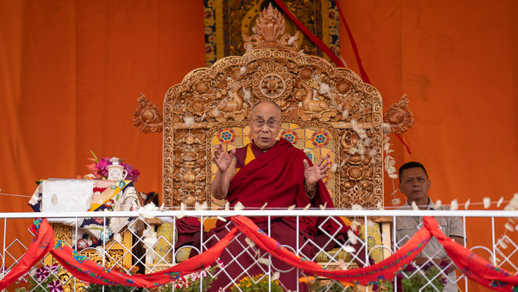 His Holiness the Dalai Lama addressing the gathering at Tibetan Children’s Village School Choglamsar in Leh, Ladakh, J&K, India on August 1, 2018. Photo by Tenzin Choejor