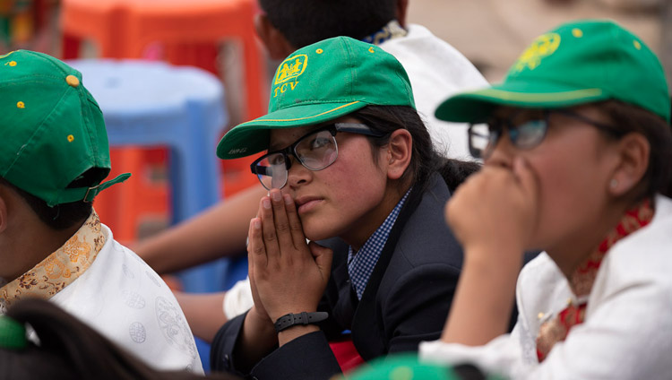 Students in the audience listening to His Holiness the Dalai Lama at Tibetan Children’s Village School Choglamsar in Leh, Ladakh, J&K, India on August 1, 2018. Photo by Tenzin Choejor