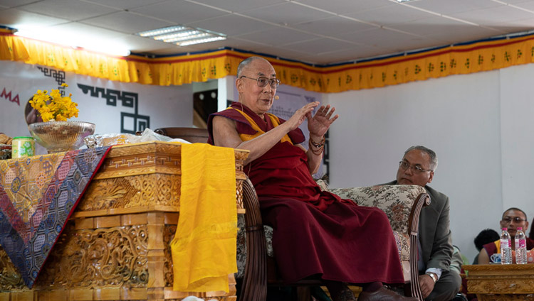 His Holiness the Dalai Lama speaking to students and staff at Eliezer Joldan Memorial College in Leh, Ladakh, J&K, India on August 2, 2018. Photo by Tenzin Choejor