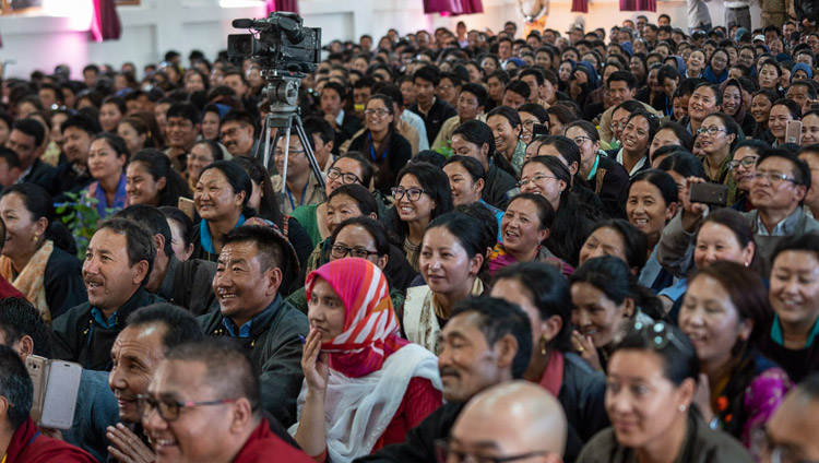 More than 1500 students and staff listening to His Holiness the Dalai Lama speaking at Eliezer Joldan Memorial College in Leh, Ladakh, J&K, India on August 2, 2018. Photo by Tenzin Choejor