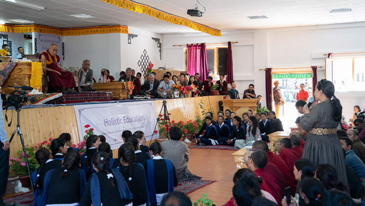 A member of the audience asking His Holiness the Dalai Lama a question during his talk at Eliezer Joldan Memorial College in Leh, Ladakh, J&K, India on August 2, 2018. Photo by Tenzin Choejor