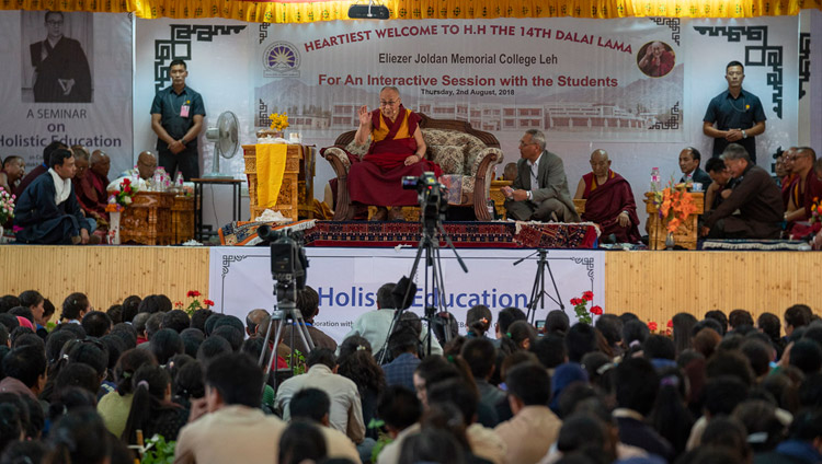 A view of the stage as His Holiness the Dalai Lama answers question from the audience during his talk at Eliezer Joldan Memorial College in Leh, Ladakh, J&K, India on August 2, 2018. Photo by Tenzin Choejor