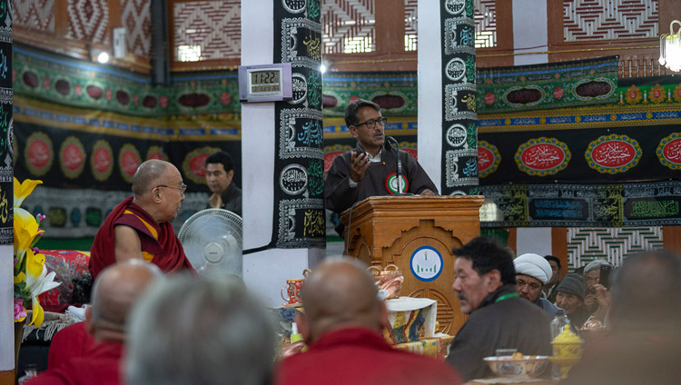 A representative from the Muslim community welcoming His Holiness the Dalai Lama to Imam Barga Mosque in Chushot Yokma, Leh, Ladakh, J&K, India on August 2, 2018. Photo by Tenzin Choejor