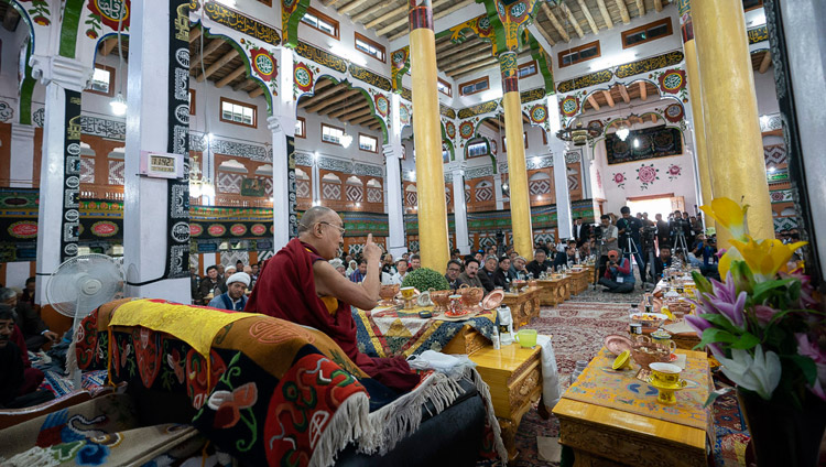 His Holiness the Dalai Lama speaking at Imam Barga Mosque in Chushot Yokma, Leh, Ladakh, J&K, India on August 2, 2018. Photo by Tenzin Choejor