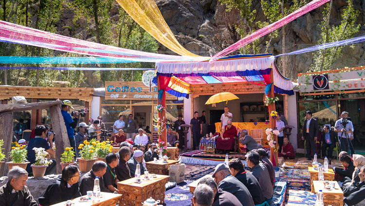 Members of the gathering listening to His Holiness the Dalai Lama speaking at the inauguration ceremony of the park at Juma Bagh in Leh, Ladakh, J&K, India on August 3, 2018. Photo by Tenzin Choejor