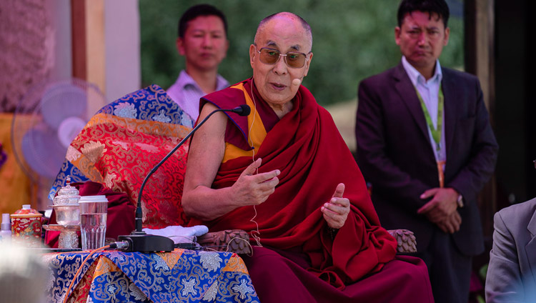 His Holiness the Dalai Lama speaking at the inauguration ceremony of the park at Juma Bagh in Leh, Ladakh, J&K, India on August 3, 2018. Photo by Tenzin Choejor