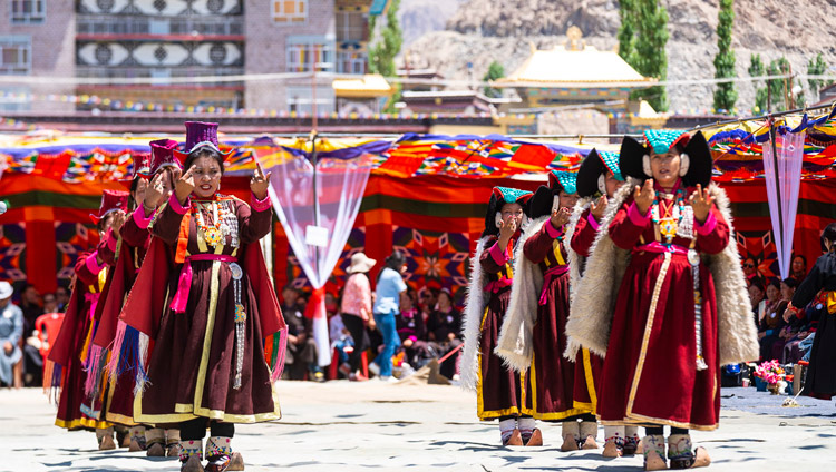 Traditional songs and dances performed by Ladakhi performers at the farewell luncheon for His Holiness the Dalai Lama at the Shewatsel teaching ground in Leh, Ladakh, J&K, India on August 3, 2018. Photo by Tenzin Choejor