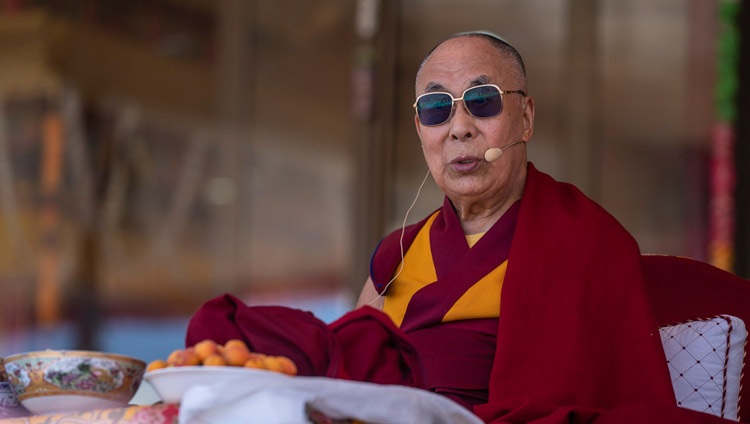 His Holiness the Dalai Lama addressing the gathering at the farewell luncheon at the Shewatsel teaching ground in Leh, Ladakh, J&K, India on August 3, 2018. Photo by Tenzin Choejor