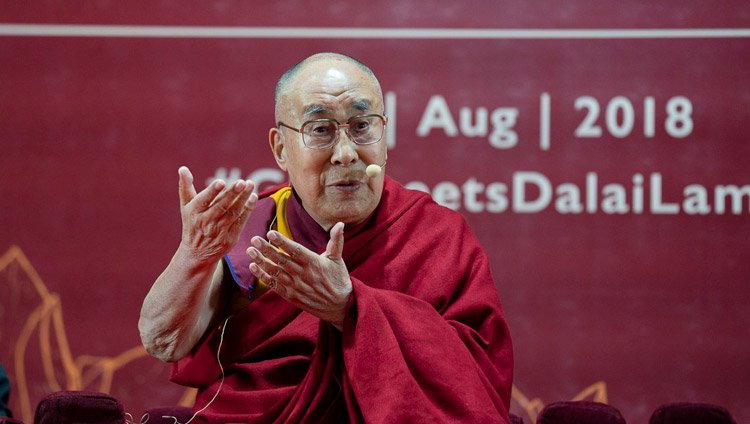His Holiness the Dalai Lama speaking at the Goa Institute of Management in Sanquelim, Goa, India on August 8, 2018. Photo by Tenzin Choejor His Holiness the Dalai Lama speaking at the Goa Institute of Management in Sanquelim, Goa, India on August 8, 2018. Photo by Tenzin Choejor