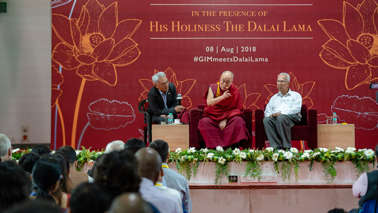 His Holiness the Dalai Lama speaking at the Goa Institute of Management in Sanquelim, Goa, India on August 8, 2018. Photo by Tenzin Choejor His Holiness the Dalai Lama speaking at the Goa Institute of Management in Sanquelim, Goa, India on August 8, 2018. Photo by Tenzin Choejor