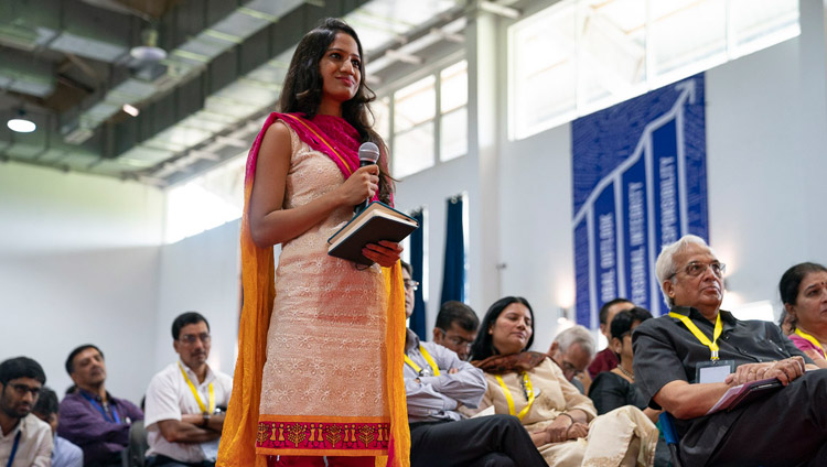 A member of the audience asking His Holiness the Dalai Lama a question during his talk at the Goa Institute of Management in Sanquelim, Goa, India on August 8, 2018. Photo by Tenzin Choejor