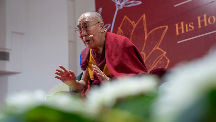 His Holiness the Dalai Lama responding to a question from the audience during his talk at the Goa Institute of Management in Sanquelim, Goa, India on August 8, 2018. Photo by Tenzin Choejor His Holiness the Dalai Lama responding to a question from the audience during his talk at the Goa Institute of Management in Sanquelim, Goa, India on August 8, 2018. Photo by Tenzin Choejor