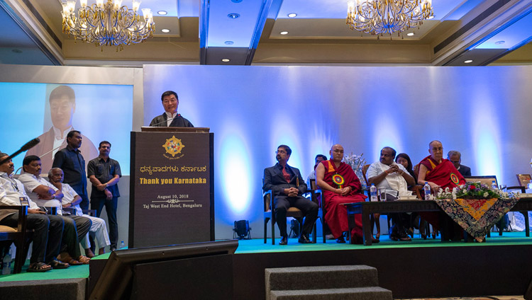 Central Tibetan Administration President Dr Lobsang Sangay addressing the audience at the Thank You Karnataka program in Bengaluru, Karnataka, India on August 10, 2018. Photo by Tenzin Choejor