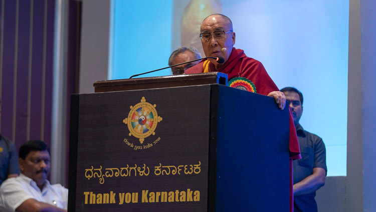 His Holiness the Dalai Lama addressing the audience at the Thank You Karnataka program in Bengaluru, Karnataka, India on August 10, 2018. Photo by Tenzin Choejor