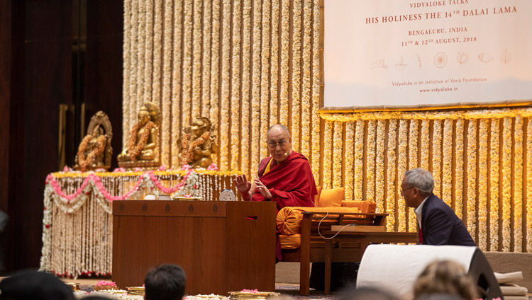 His Holiness the Dalai Lama answering questions from the audience during his talk in Bengaluru, Karnataka, India on August 11, 2018. Photo by Tenzin Choejor