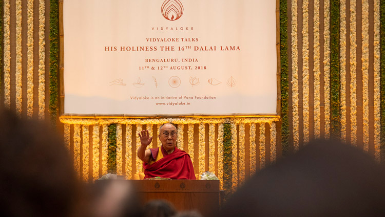 His Holiness the Dalai Lama addressing the audience during his talk in Bengaluru, Karnataka, India on August 12, 2018. Photo by Tenzin Choejor