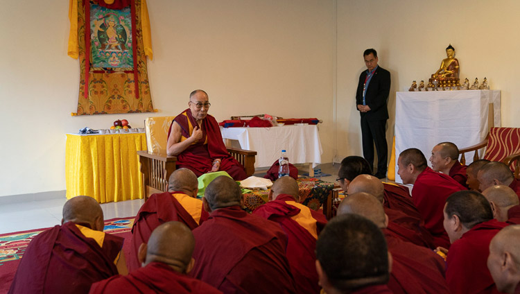 His Holiness the Dalai Lama speaking with Geshes studying at the Dalai Lama Institute of Higher Education in Sheshagrihalli, Karnataka, India on August 13, 2018. Photo by Tenzin Choejor