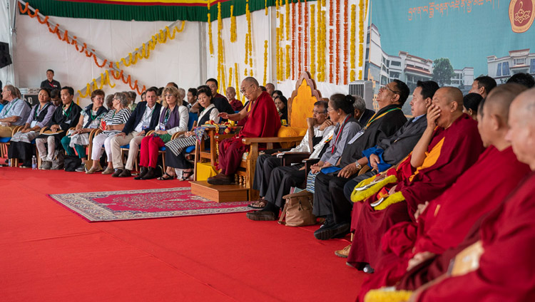 His Holiness the Dalai Lama speaking at the Dalai Lama Institute of Higher Education in Sheshagrihalli, Karnataka, India on August 13, 2018. Photo by Tenzin Choejor