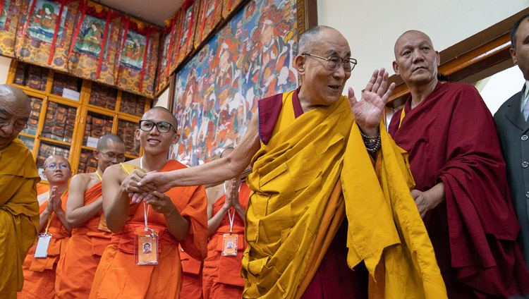 His Holiness the Dalai Lama waving to the audience on his arrival at the Main Tibetan Temple in Dharamsala, HP, India on September 4, 2018. Photo by Tenzin Choejor