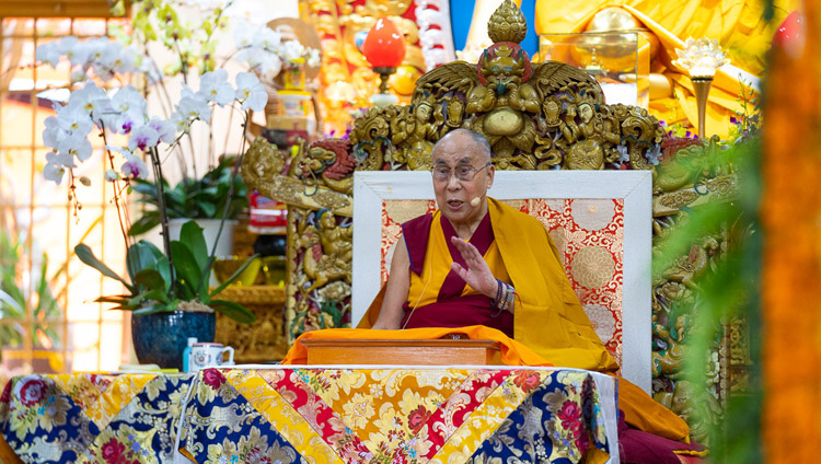 His Holiness the Dalai Lama speaking on the first day of his teachings requested by groups from East and South-east Asia at the Main Tibetan Temple in Dharamsala, HP, India on September 4, 2018. Photo by Tenzin Choejor
