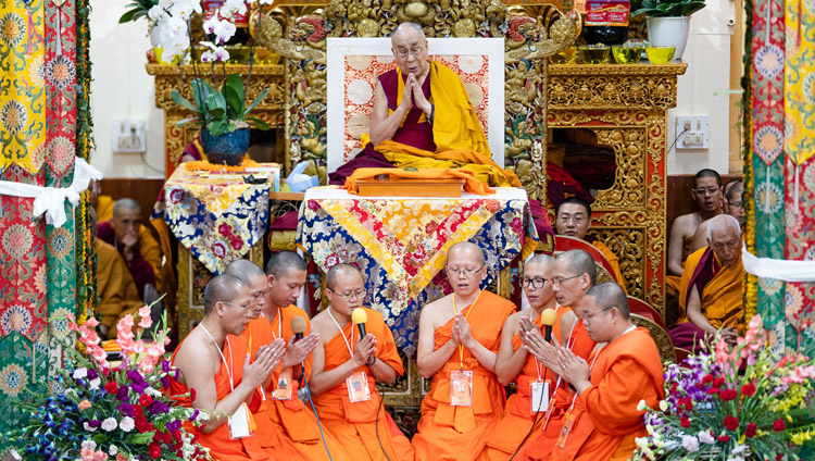 Thai monks chanting in Pali a praise of the Ten Perfections according to the Theravada Tradition at the start of the second day of His Holiness the Dalai Lama's teachings at the Main Tibetan Temple in Dharamsala, HP, India on September 5, 2018. Photo by Tenzin Choejor