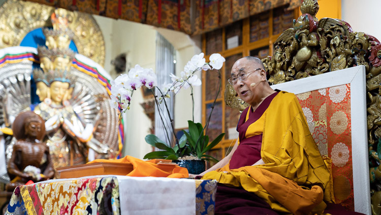 His Holiness the Dalai Lama speaking on the second day of his teachings at the Main Tibetan Temple in Dharamsala, HP, India on September 5, 2018. Photo by Tenzin Choejor His Holiness the Dalai Lama speaking on the second day of his teachings at the Main Tibetan Temple in Dharamsala, HP, India on September 5, 2018. Photo by Tenzin Choejor
