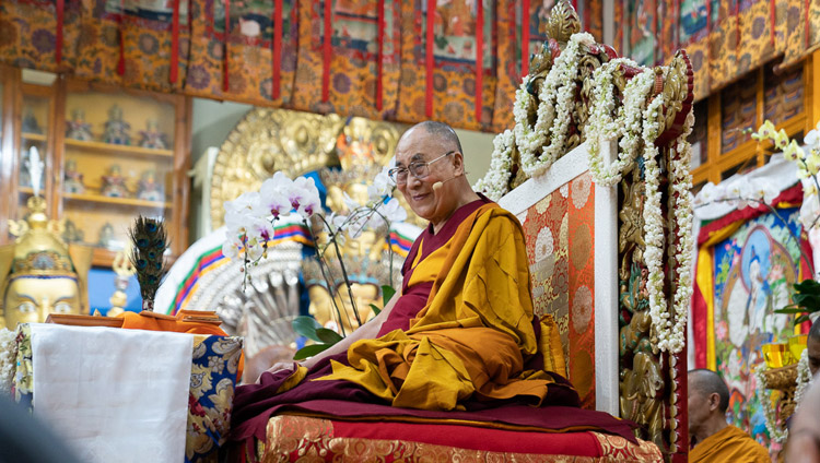 His Holiness the Dalai Lama addressing the audience on the third day of his teachings at the Main Tibetan Temple in Dharamsala, HP, India on September 6, 2018. Photo by Tenzin Choejor