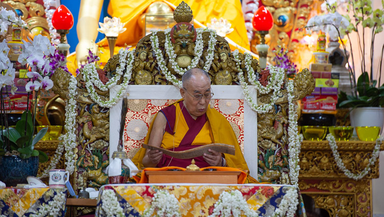 His Holiness the Dalai Lama giving the permission of Avalokiteshvara Sarvadugati Parishodana, Avalokiteshvara who Liberates Beings from the Lower Realms, at the Main Tibetan Temple in Dharamsala, HP, India on September 6, 2018. Photo by Lobsang Tsering