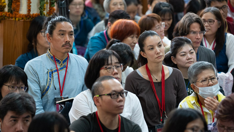 Members of the audience listening to His Holiness the Dalai Lama during a question and answer session on the final day of teachings at the Main Tibetan Temple in Dharamsala, HP, India on September 7, 2018. Photo by Tenzin Choejor