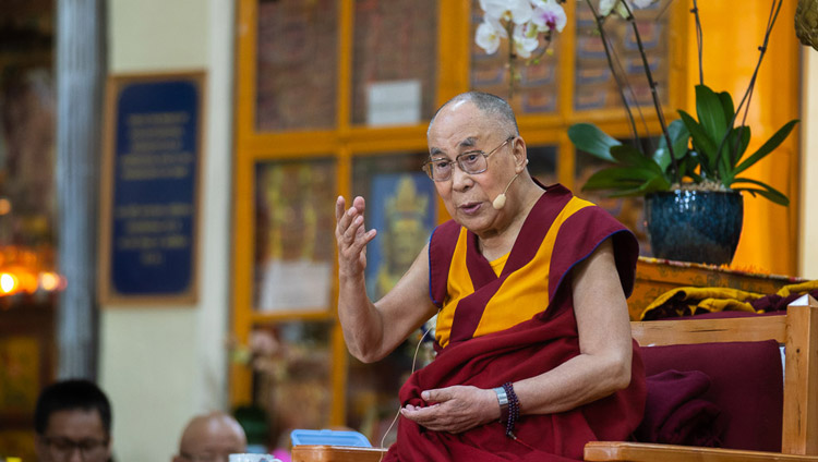 His Holiness the Dalai Lama answering question from the audience on the final day of his teachings for Buddhists from East and Southeast Asia at the Main Tibetan Temple in Dharamsala, HP, India on September 7, 2018. Photo by Tenzin Choejor