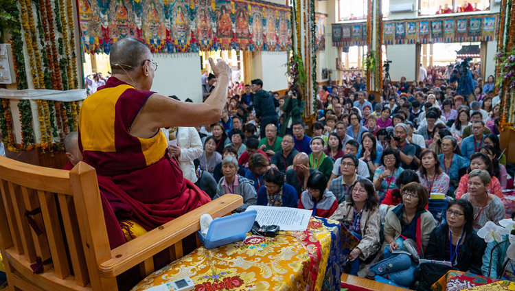 His Holiness the Dalai Lama answering question from the audience on the final day of his teachings for Buddhists from East and Southeast Asia at the Main Tibetan Temple in Dharamsala, HP, India on September 7, 2018. Photo by Tenzin Choejor