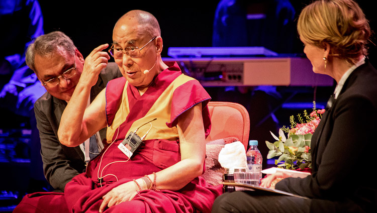 His Holiness the Dalai Lama answering questions from the audience during his talk in Malmö, Sweden on September 12, 2018. Photo by Erik Törner/IM