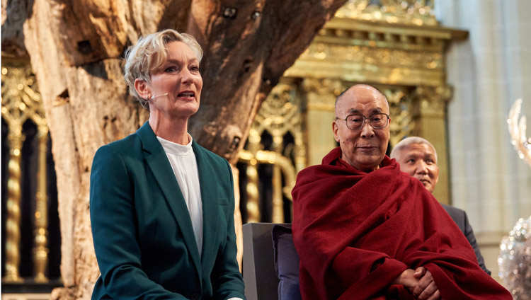 Moderator Christa Meindersma introducing the second discussion on ‘Sickness, Aging and Death’ at the Nieuwe Kerk in Amsterdam, Netherlands on September 15, 2018. Photo by Olivier Adam