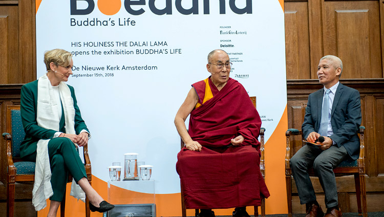 His Holiness the Dalai Lama speaking to members of the media at the Nieuwe Kerk in Amsterdam, Netherlands on September 15, 2018. Photo by Jurjen Jonkers