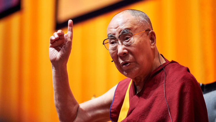 His Holiness the Dalai Lama answering a question from the audience during his talk at the Ahoy convention centre in Rotterdam, Netherlands on September 16, 2018. Photo by Olivier Adams