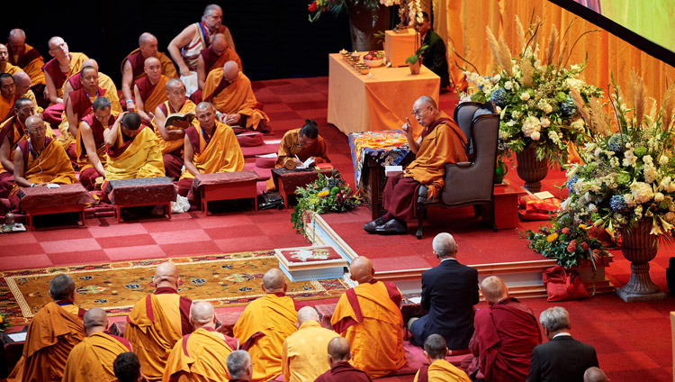 His Holiness the Dalai Lama speaking during his teaching at the Ahoy Arena in Rotterdam, the Netherlands on September 17, 2018. Photo by Olivier Adam