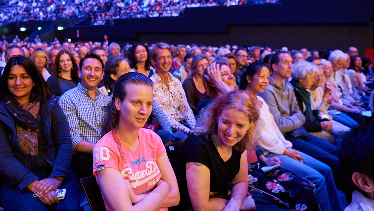 Members of the audience listening to His Holiness the Dalai Lama during his teaching at the Ahoy Arena in Rotterdam, the Netherlands on September 17, 2018. Photo by Olivier Adam