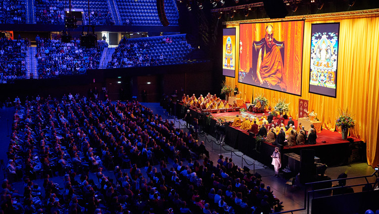 A view of the stage during His Holiness the Dalai Lama's teaching at the Ahoy Arena in Rotterdam, the Netherlands on September 17, 2018. Photo by Olivier Adam