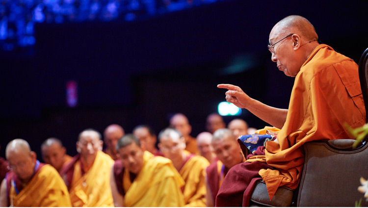 His Holiness the Dalai Lama during his teaching at the Ahoy Arena in Rotterdam, the Netherlands on September 17, 2018. Photo by Olivier Adam