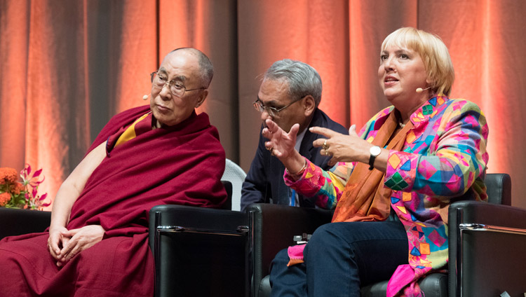 Claudia Roth, Vice President of the German Bundestag, addressing the gathering during the discussion on non-violence at Darmstadtium Congress Hall in Darmstadt, Germany on September 19, 2018. Photo by Manuel Bauer