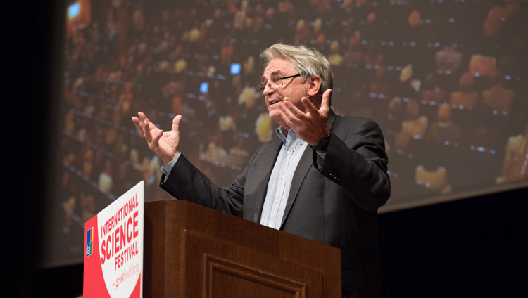 Director of the German American Institute, Jakob Kollhofer introducing His Holiness the Dalai Lama at the start of the dialogue on Happiness and Responsibility in Heidelberg, Germany on September 20, 2018. Photo by Manuel Bauer