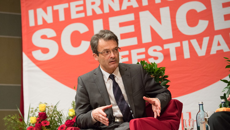 Astrophysicist Dr Matthias Bartelman asking His Holiness the Dalai Lama to comment on the need for humility in the study of science during the dialogue on Happiness and Responsibility in Heidelberg, Germany on September 20, 2018. Photo by Manuel Bauer