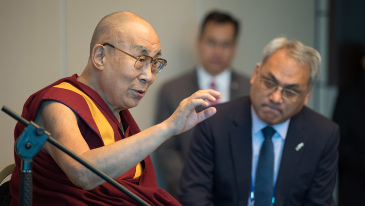 His Holiness the Dalai Lama speaking to members of the media at his hotel in Zurich, Switzerland on September 21, 2018. Photo by Manuel Bauer